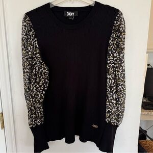 DKNY Black Ribbed Sweater with Printed Puff Sleeves Office Quiet Luxury Size XL